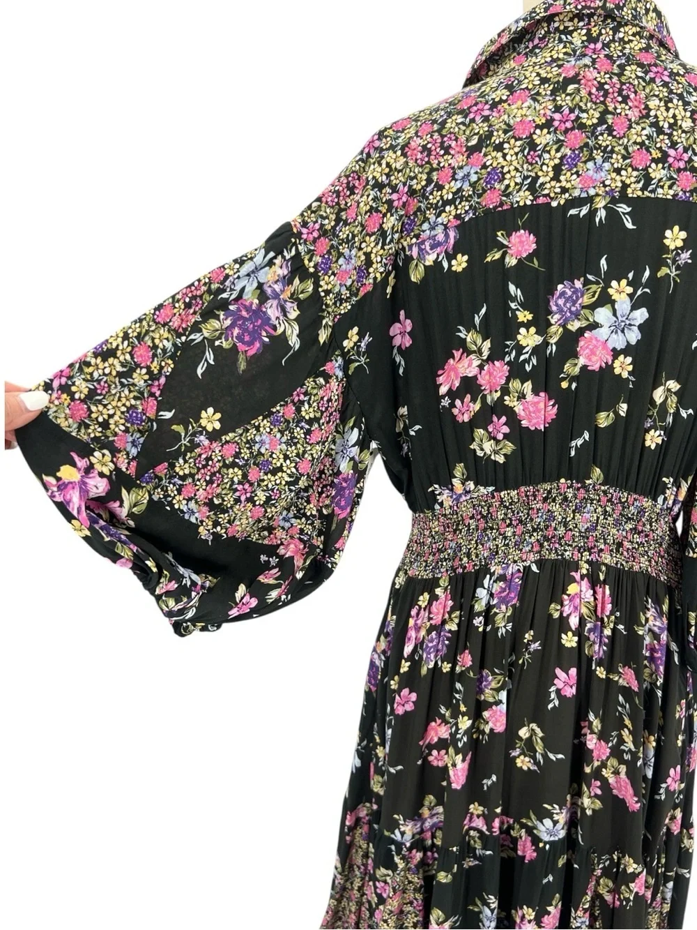 Free people, Maxi floral Bohemian Buttoned Puff Sleeve Black & Pink Dress M
